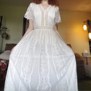 Cottagecore Lace White Maxi Dress